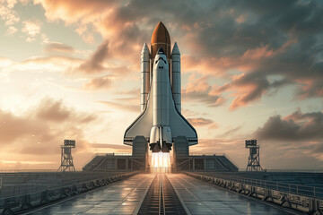 Spaceship rocket being taking off launch pad at space station platform - Powered by Adobe