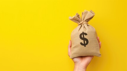 Female hand holding a sacks of money for trading ideas. Or financial investment on yellow background, generative ai - obrazy, fototapety, plakaty