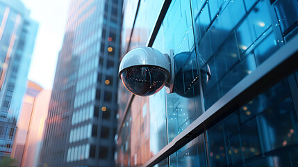 Security camera on the street on modern office buildings background. generative ai