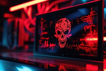 LCD displa skull Warning icon cyber attack, malware, ransomware, data breach, system hacking,...