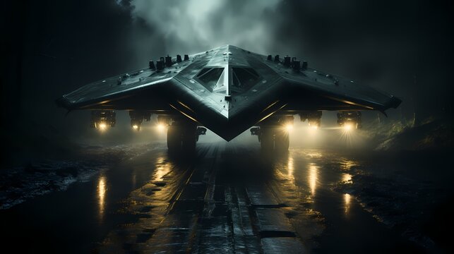 Night vision image of a stealth bomber taking off from a secret military base, shrouded in darkness