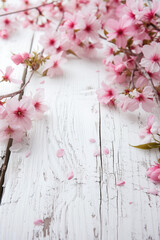 Spring background with pink blossoms and white wooden table flooring