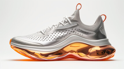 Cutting-Edge Sneaker with Orange Liquid Sole, White Knit Upper, and Aerodynamic Design