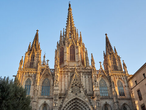 Facade of the Cathedral of the Holy Cross and Saint Eulalia (Catedral de la Santa Creu i Santa Eul&agrave;lia in Catalan) at sunset. Gothic Quarter, Barcelona, Spain, Europe