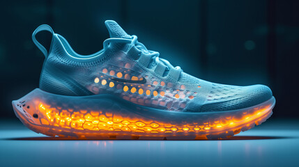Futuristic Blue Sneaker with Flaming Orange Illuminated Sole, Next-Gen Athletic Footwear