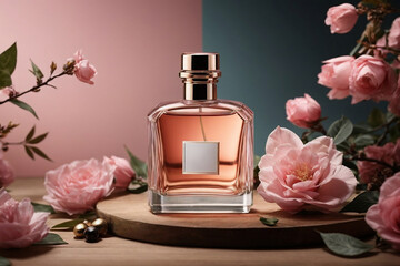 Perfume bottle with flowers in a transparent glass container, and rose in a Luxurious and Refreshing spa ambiance featuring aromatic oils, vibrant flowers, and a serene composition