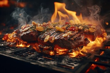 Grilled meat steak on stainless grill depot with flames on dark background. Food and cuisine concept