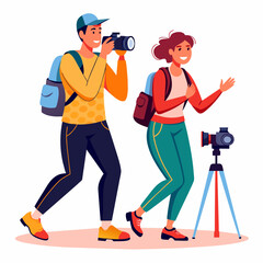 Vector photographers working flat design characters illustration