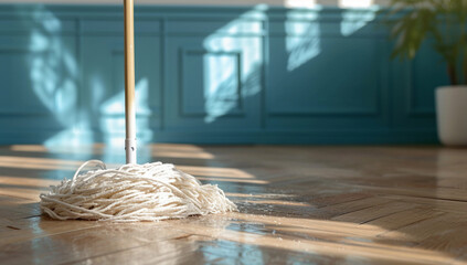 Mop washes wooden floor - obrazy, fototapety, plakaty