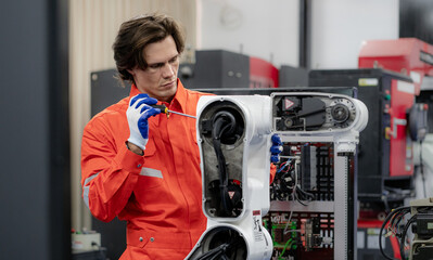Robotic engineer examining robot power gear machine for repair service. Electronic repairman...