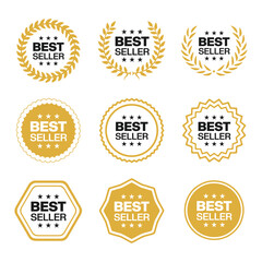 Best seller icon badge set vector illustration. Bestseller logo label tag design template for top sales, gold award round stamp, sticker with ribbon, stars and best seller text 