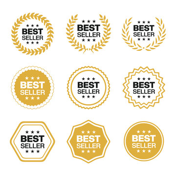 Best seller icon badge set vector illustration. Bestseller logo label tag design template for top sales, gold award round stamp, sticker with ribbon, stars and best seller text 