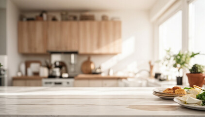 Selective focus on wooden kitchen island. Empty wooden table with copy space for display products. Clean countertop for cooking.