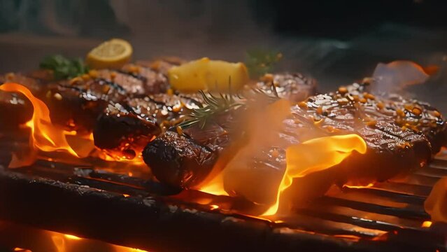 juicy pieces of steak with a beautiful crust, grilled on a grill. tongues of fire cover the meat. close-up of cooking. Generative AI