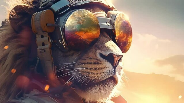 close-up of an aviator lion in the desert. Generative AI