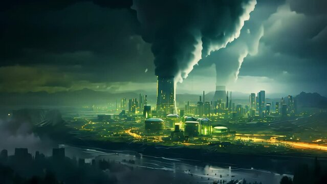 huge chimneys in factories spewing out a great mass of smoke. global warming problems. Generative AI