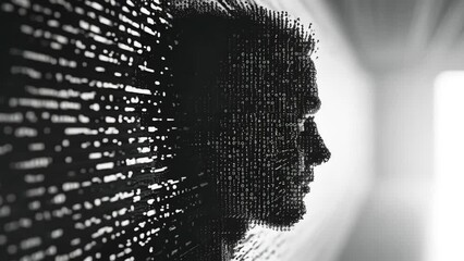 A human face emerges from the digital code. A symbol of the acquisition of artificial intelligence into action. Generative AI