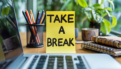 Work place,office room desk with sticky note text "Take a break" concept for relaxing,enjoy life.