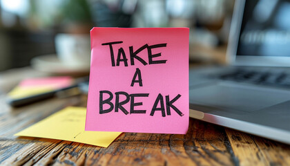 Work place,office room desk with sticky note text "Take a break" concept for relaxing,enjoy life.