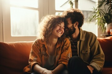 portrait of smiling young Caucasian man and woman relax on couch in living room. Happy millennial couple renters tenants rest on sofa at home, enjoy leisure weekend together. Young couple hugging - obrazy, fototapety, plakaty