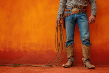 Cowboy in Hat and Boots with Lasso against Vibrant Orange Backdrop