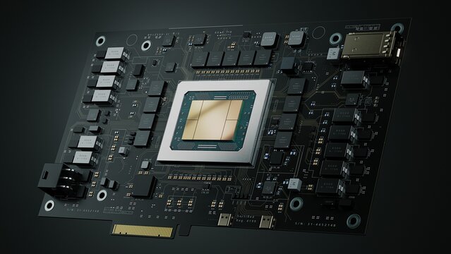 Black Circuit Board with Advanced AI Microchip on it. Next-generation Artificial Intelligence Acceleration Card for Data Centers and Supercomputers. Chip has Golden Reflection