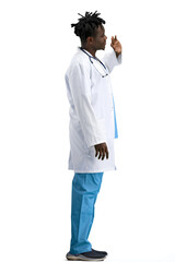 The doctor, in full height, on a white background, waving his hand