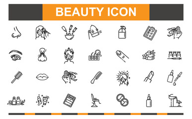 Beauty icon set. Cosmetic, cream, makeup, facial, oil and more line icon.