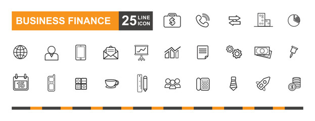 Business finance icon set. Communication, internet, money, group, presentation and more line icon