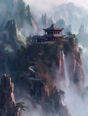 The painting of some mountains and this chinese structure, 