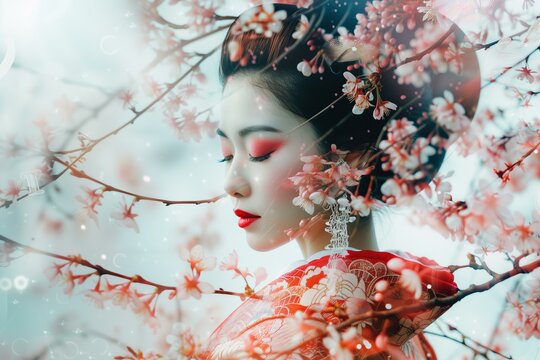 photo of traditional Japanese geisha with cherry blossoms double exposure