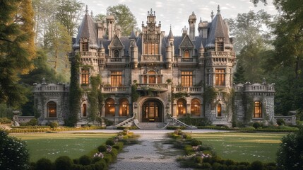Fototapeta na wymiar A fairy tale castle venue with turrets, drawbridges, and manicured lawns, providing a regal and enchanting backdrop for a dreamy wedding ceremony. 