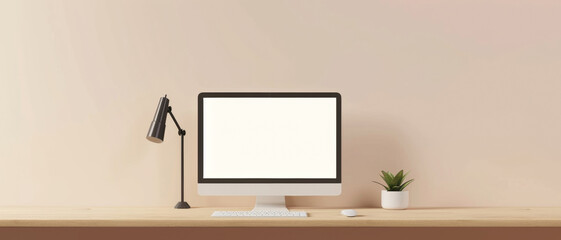 A pristine workspace with a modern computer, desk lamp, and plant, embodying minimalist productivity