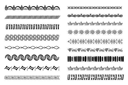 Fototapeta Set aztec tribal motive border in doodle hand drawn style from geometrical shapes isolated on white background. boho scandinavian srtoke, traditional native decor.