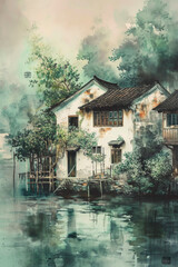 A watercolor painting featuring white cottages on the water.