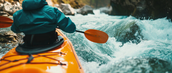Adventurer in kayak tackles the ferocious rapids, a dance with nature's untamed waters - obrazy, fototapety, plakaty