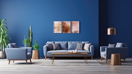modern living room with blue walls