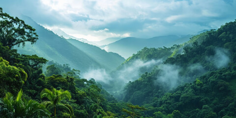 Obraz premium Tropical green mountains with mist. Cloudy foggy sky backdrop. Generative AI