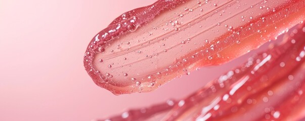 Wide banner depicting a swipe of pink lip gloss with water droplets on a pink gradient background with copy space for make up industry and beauty salons 