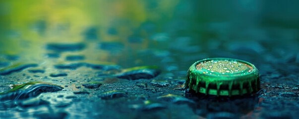 Banner with a green plastic bottle cap covered in water droplets on a wet surface, with copy space, emphasizing recycling topic  - obrazy, fototapety, plakaty
