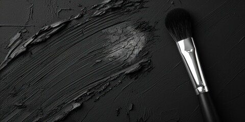 Wide banner featuring a makeup brush on a textured black surface with a streak of dark makeup product with copy space for make up industry and beauty salons 
