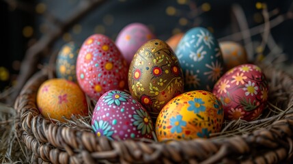 Fototapeta na wymiar Colorful Painted Eggs Filling a Basket