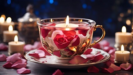 christmas candle Candlelit Evening with Aromatic Rose Tea Cup of aromatic tea with fresh roses flowers on the table. Organic and natural, herbal hot healthy beverage.

