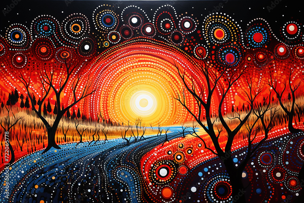 Wall mural australian aboriginal dot painting style art dreaming of a waterhole and trees landscape.. - Wall murals