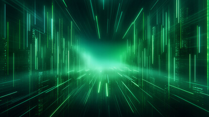 Abstract 3D background of green neon lines sliding down. Modern wallpaper.