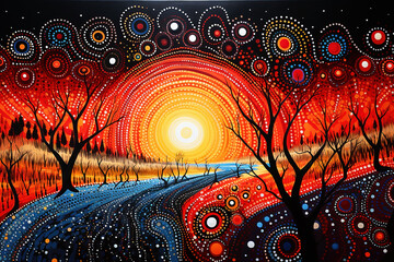 Australian Aboriginal dot painting style art dreaming of a waterhole and trees landscape.. - obrazy, fototapety, plakaty