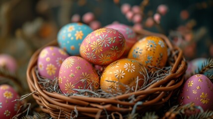 Colorful Painted Eggs Filling a Basket