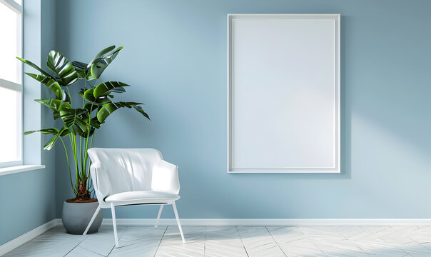 Photo frames on a slightly blue background. Mockup interior illustration.	