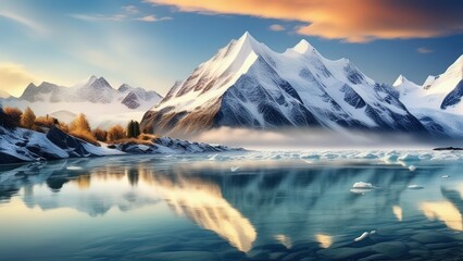 Fototapeta na wymiar Icebergs and Snowy Peaks Reflecting on Crystal Waters