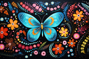 Australian Aboriginal dot painting style art dreaming with butterflies and flowers. - obrazy, fototapety, plakaty
